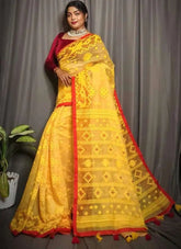 Saree_soft_jamdani_yellow_red border_tassels_festive_durga pujo_S10749 - Saree - Aakritee - S10749